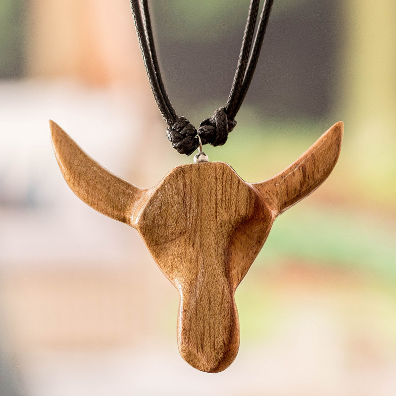 Men’s Reclaimed Wood Pendant Necklace with Bull Head Motif, "Nocturnal Bull"