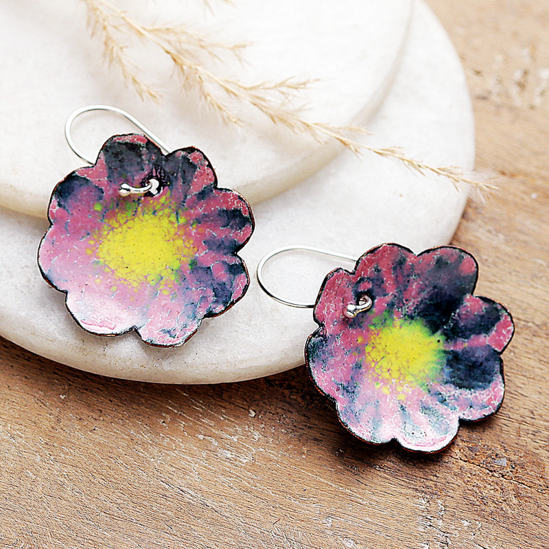 Spring-Themed Painted Pink and Yellow Copper Dangle Earrings, "Capricious Petals"