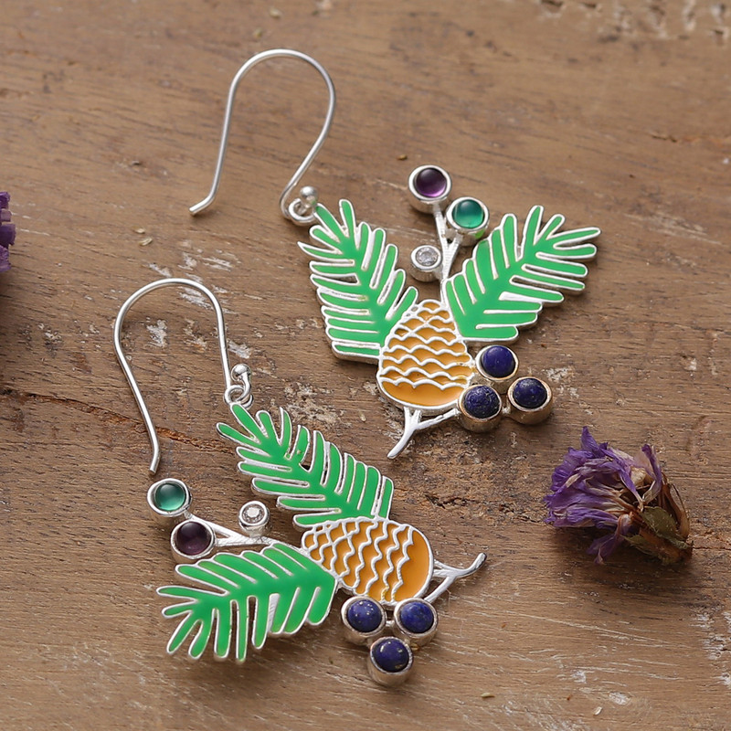 Tropical-Inspired Green and Yellow Multi-Gemstone Earrings, "Tropical Gems"