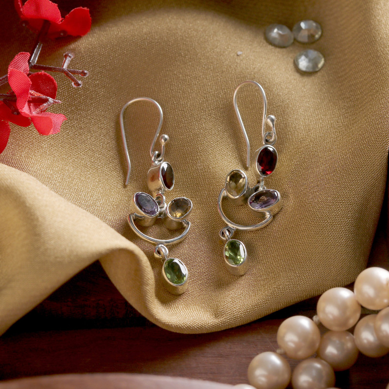 Two-Carat Faceted Multi-Gemstone Dangle Earrings from India, "Rainbow Cheers"