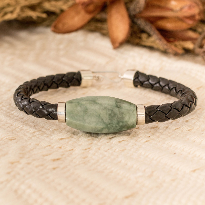 Men's Silver Cord Bracelet with Apple Green Jade Pendant, "Bold Essence"