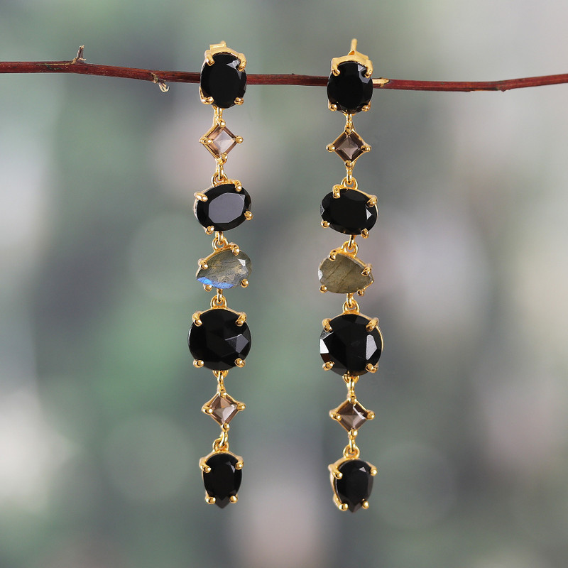 21-Carat Faceted Multi-Gemstone Gold-Plated Dangle Earrings, "Victorious Darkness"