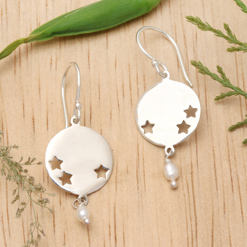 Star-Themed Sterling Silver and White Pearl Dangle Earrings, "Little Constellation"