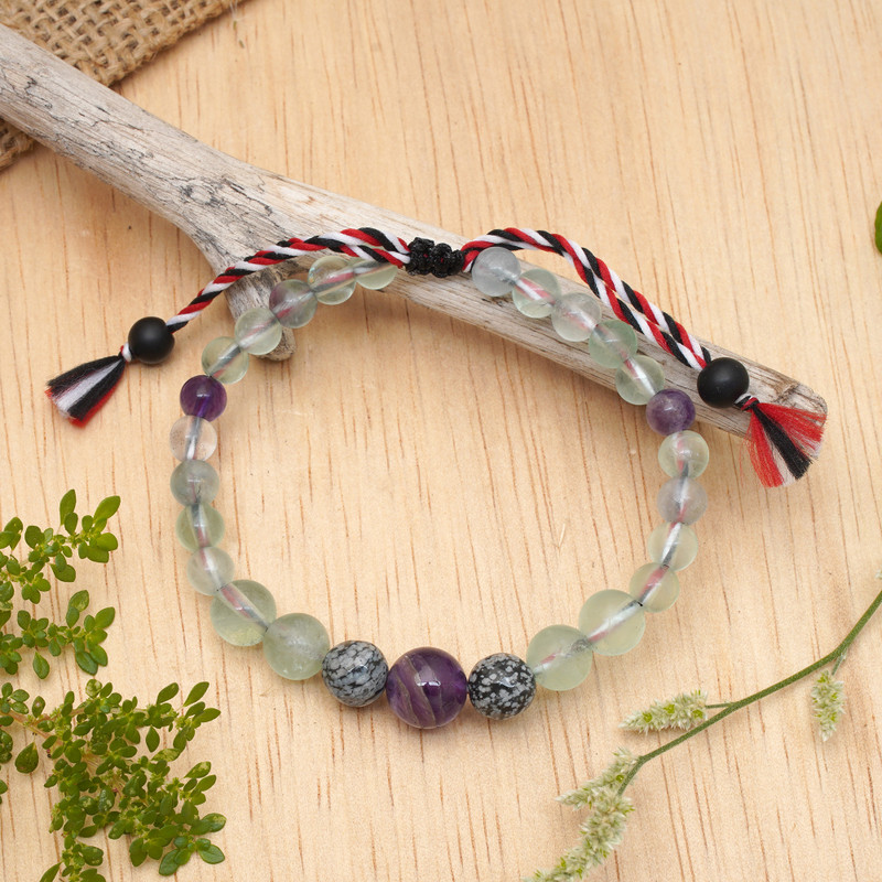 Fluorite Obsidian Amethyst Onyx Yoga Tridatu Men's Bracelet, "Tridatu Force"