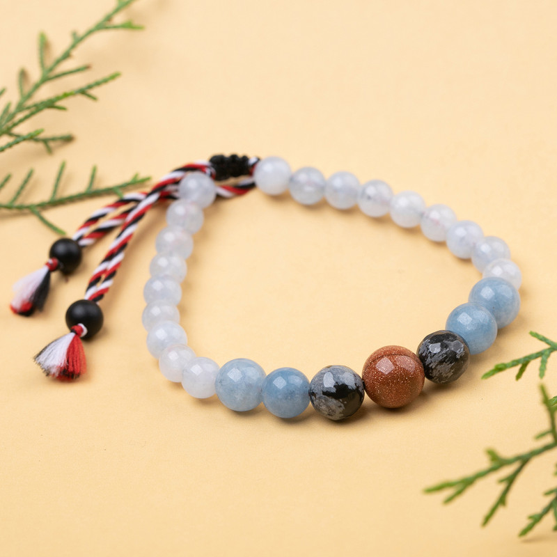 Men's Aquamarine Obsidian Sandstone Onyx Tridatu Bracelet, "Tridatu Serenity"