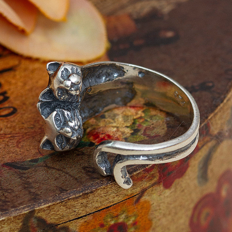 Oxidized and Polished Cat-Themed Sterling Silver Wrap Ring, "Feline Soul"