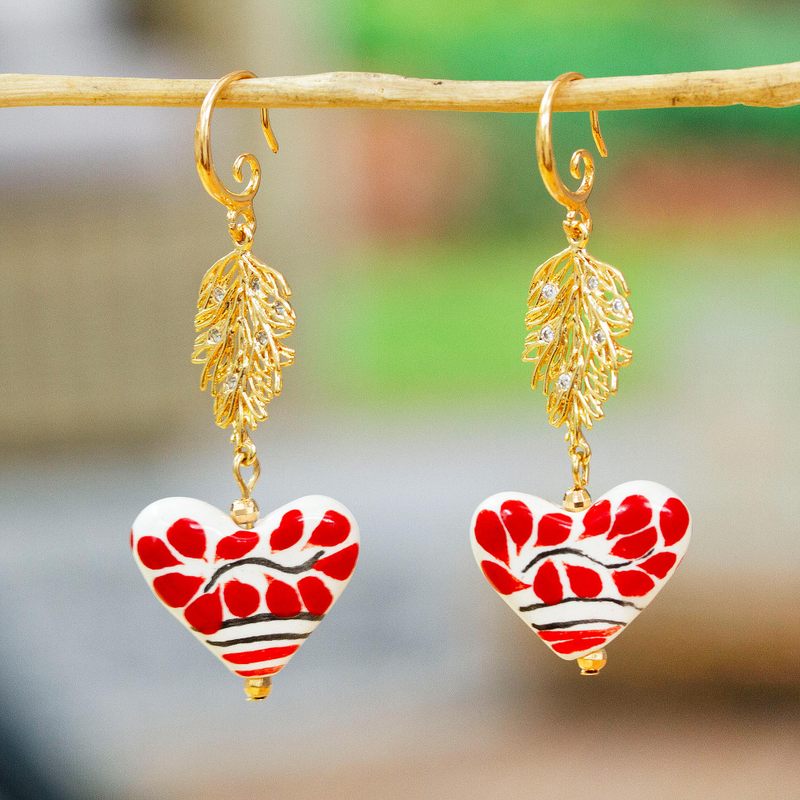 14k Gold-Accented Leaf Heart-Shaped Ceramic Dangle Earrings, "Talavera Romance"