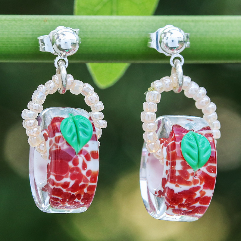 Tropical Cherry-Themed Red Handblown Glass Dangle Earrings, "Romantic Cherry"
