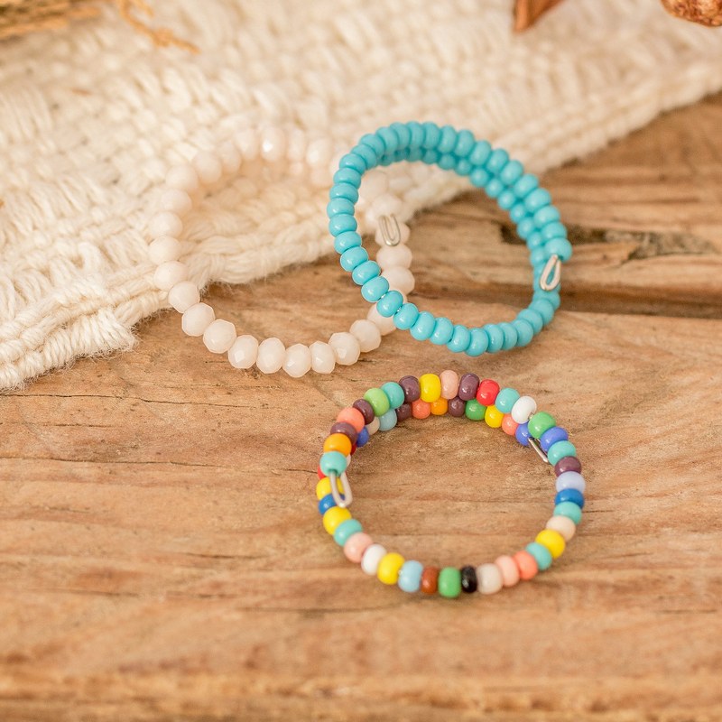 3 Ivory Blue Multicolored Crystal Glass Beaded Wrap Rings, "Colorful Glints"