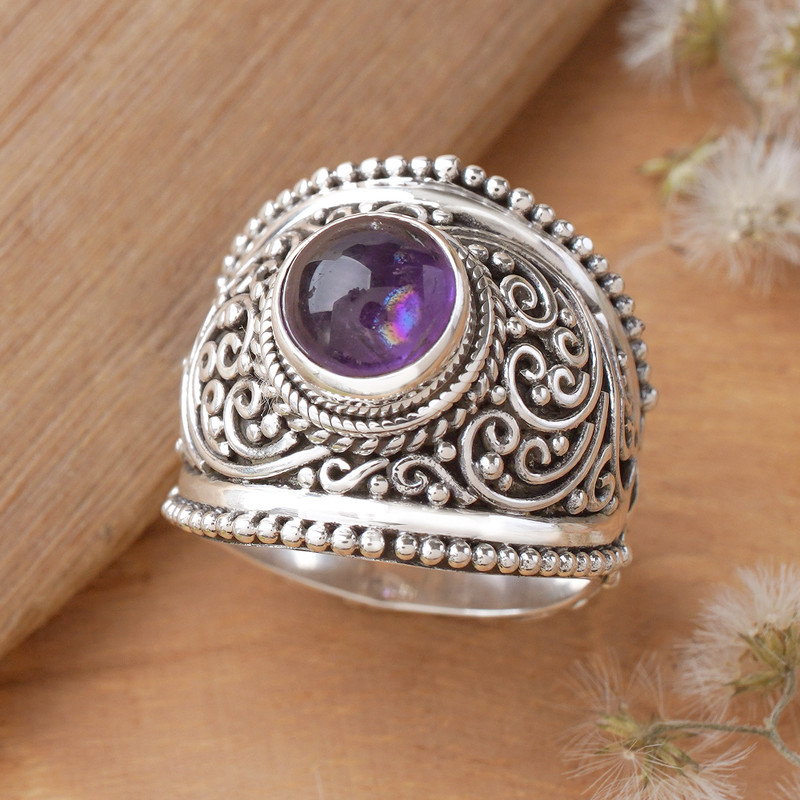 Star and Moon-Themed Amethyst Cocktail Ring Crafted in Bali, "Wise Night"