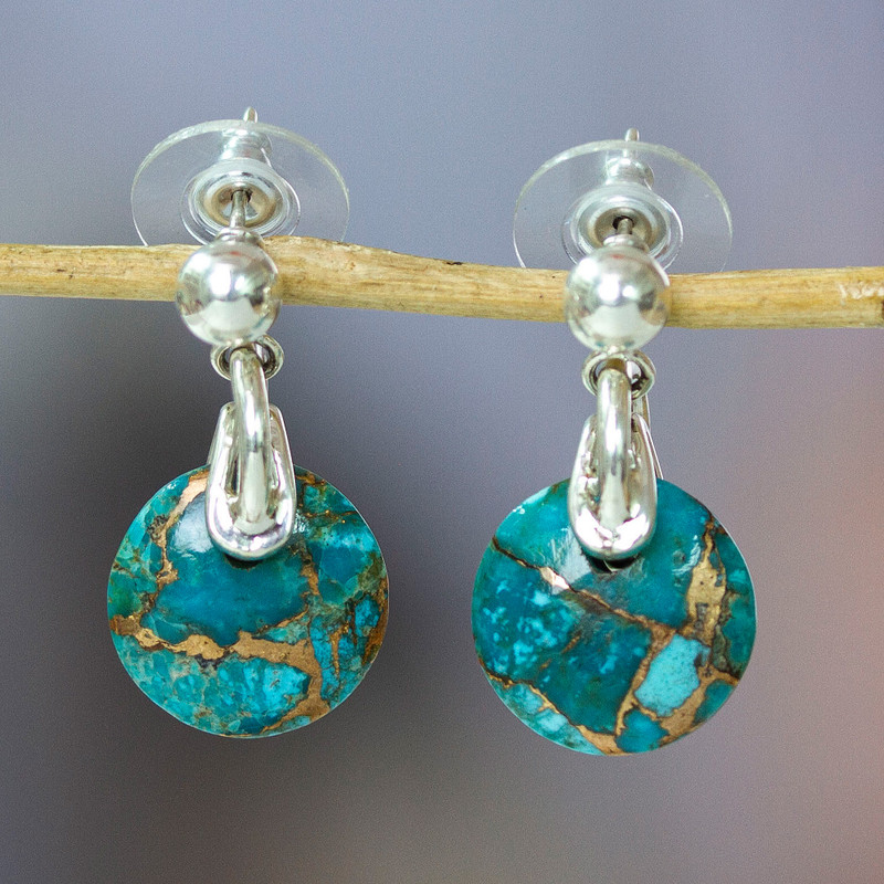 Taxco Silver Dangle Earrings with Reconstituted Turquoise, "Bold Splendor"