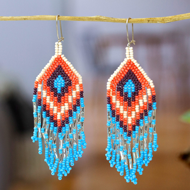 Folk Art Blue and Orange Glass Beaded Waterfall Earrings, "Cascades of Peace"