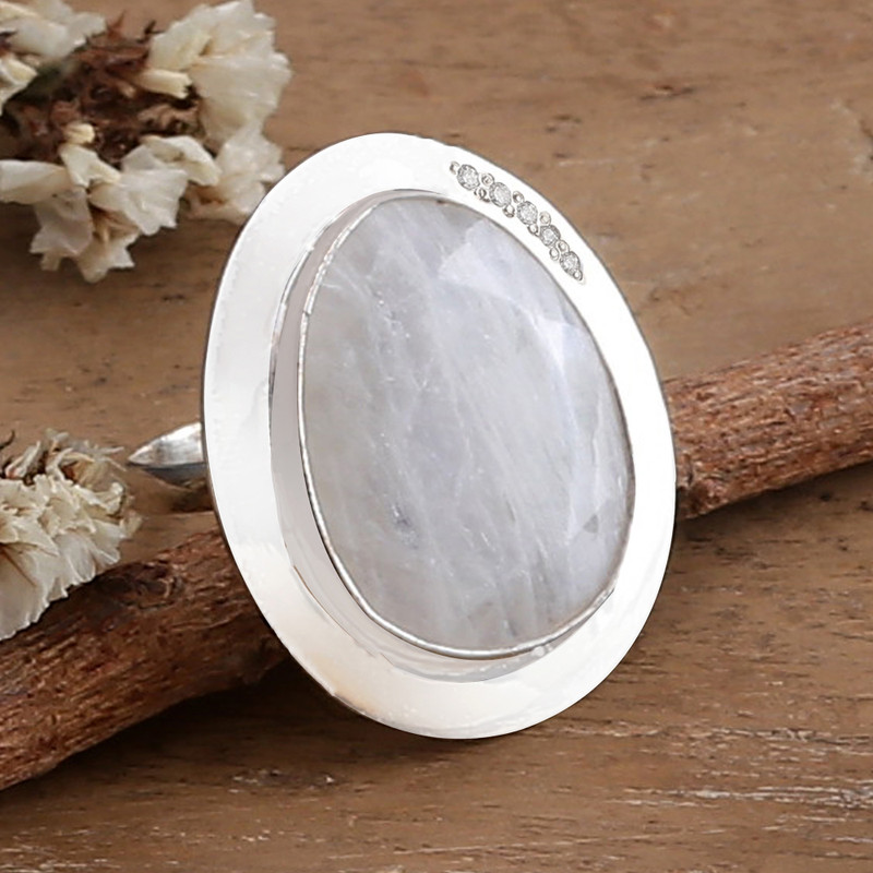 7-Carat Natural Rainbow Moonstone Cocktail Ring from India, "Idyllic Reflections"