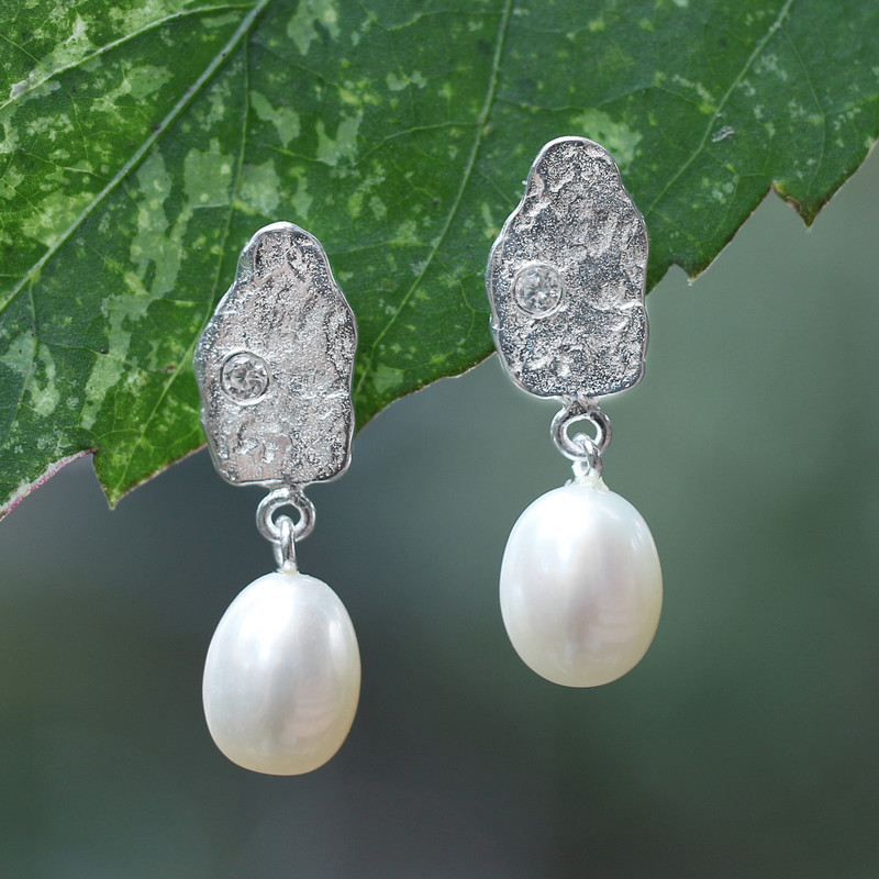 Textured Cultured Pearl Silver Earrings with Cubic Zirconia, "Sweet Glow"
