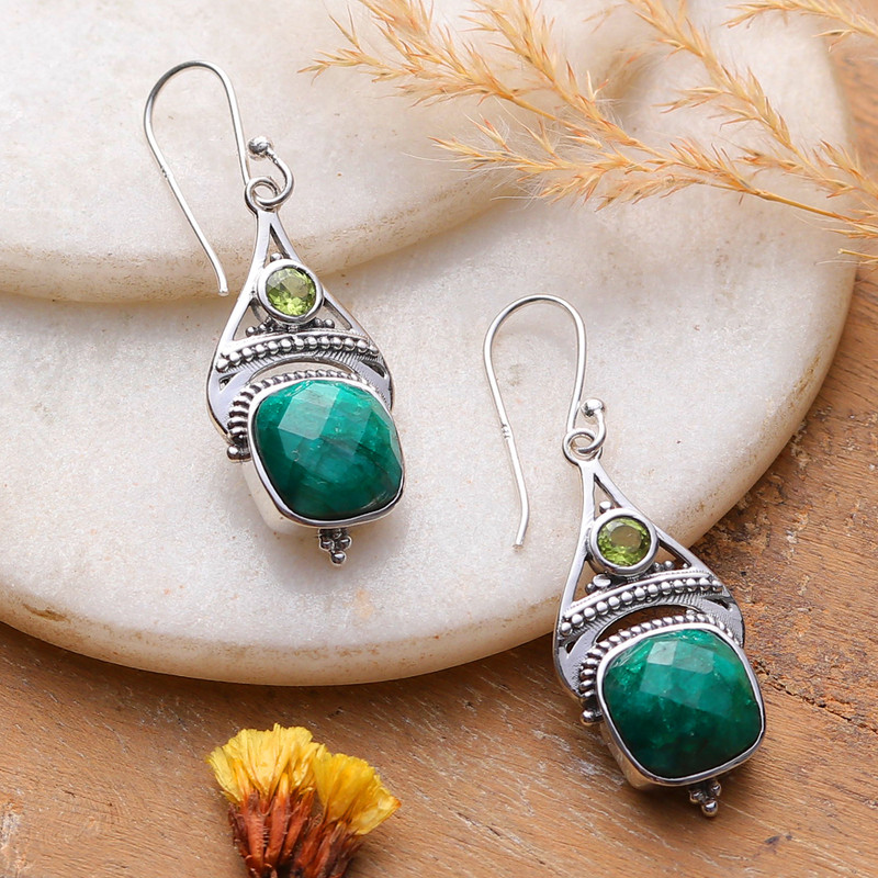 13-Carat Agate and Peridot Dangle Earrings in Green Hues, "Harmonious Royalty"
