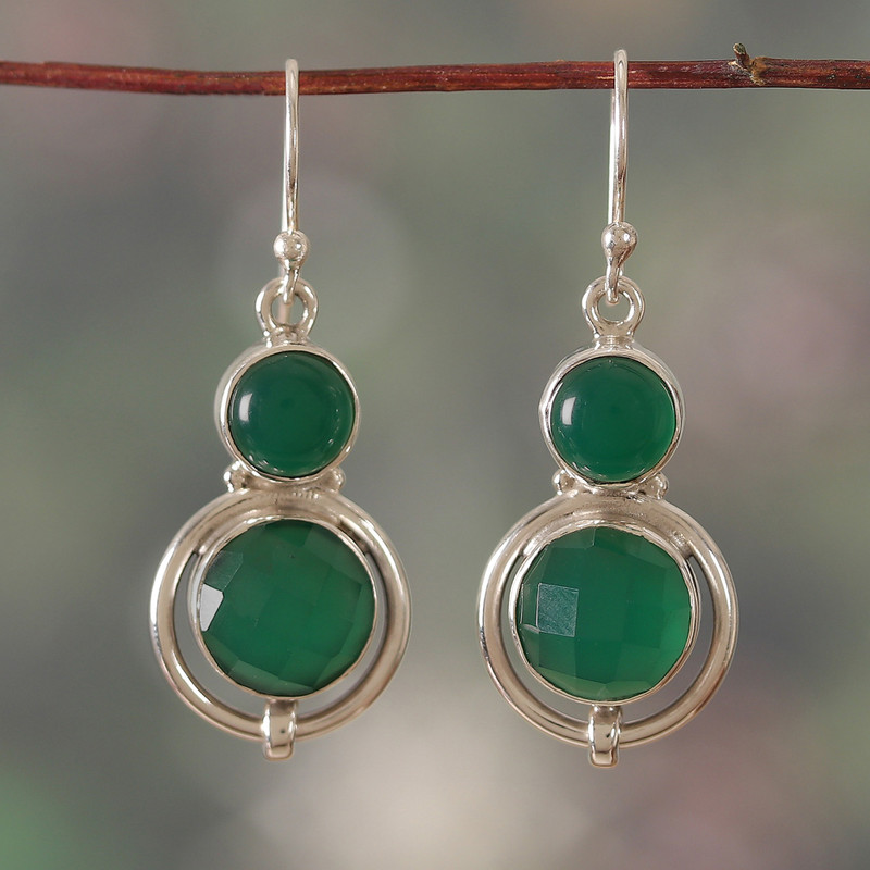 Silver Dangle Earrings with 12-Carat Green Onyx Gemstones, "Glowing Vibrancy"