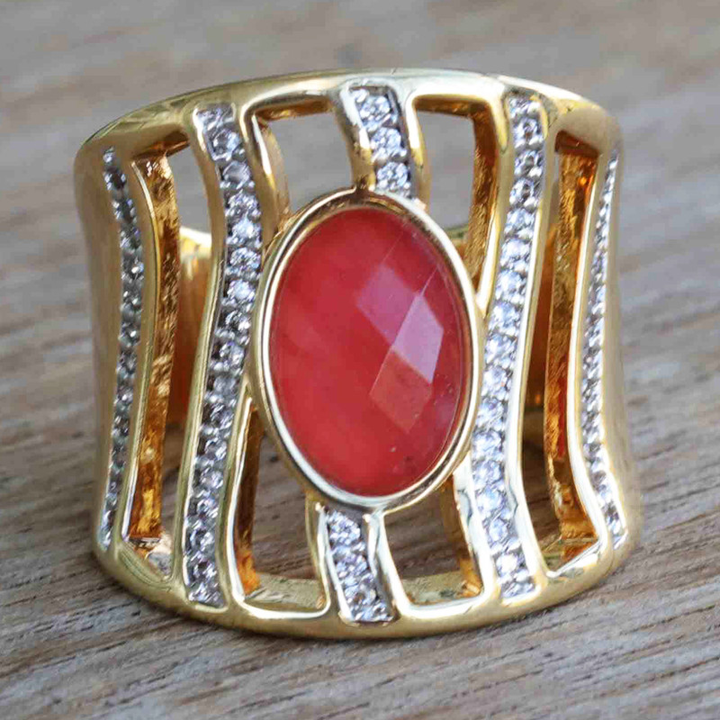 18k Gold-Accented Quartz & Cubic Zirconia Cocktail Ring, "Tubular Coral"