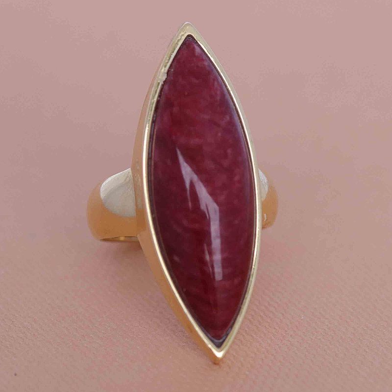 18K Gold Plated Red Amazonite Cats Eye Shaped Cocktail Ring, "Pointed Ellipse"
