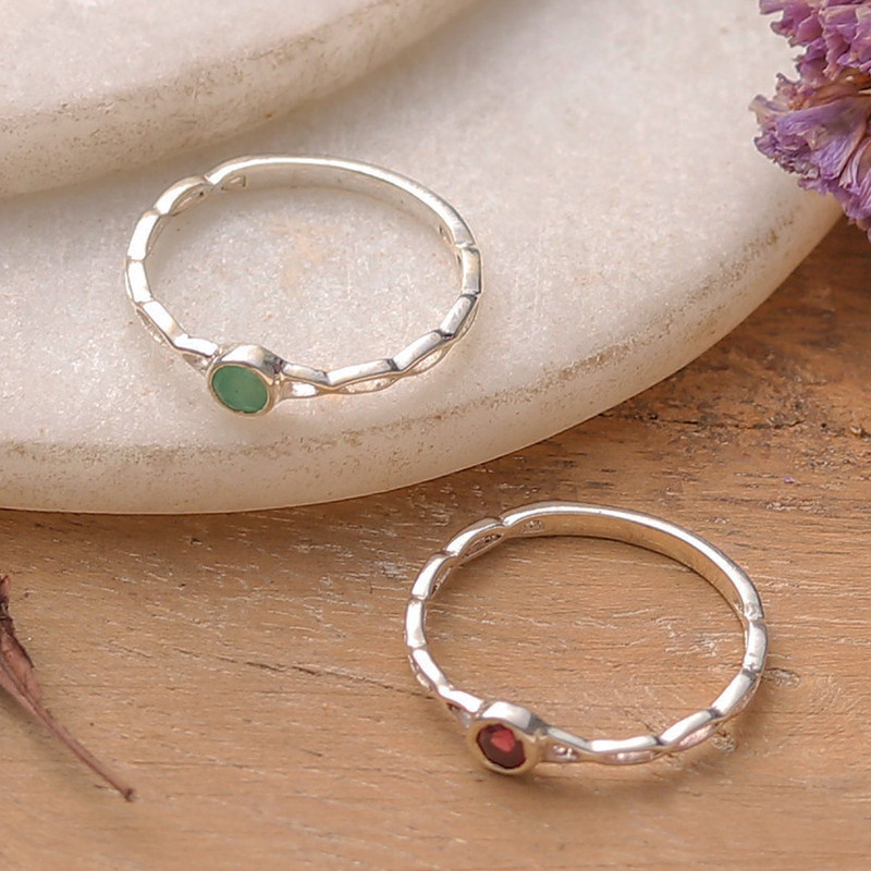 Pair of Emerald Garnet and Silver Stacking Solitaire Rings, "Dual Glory"