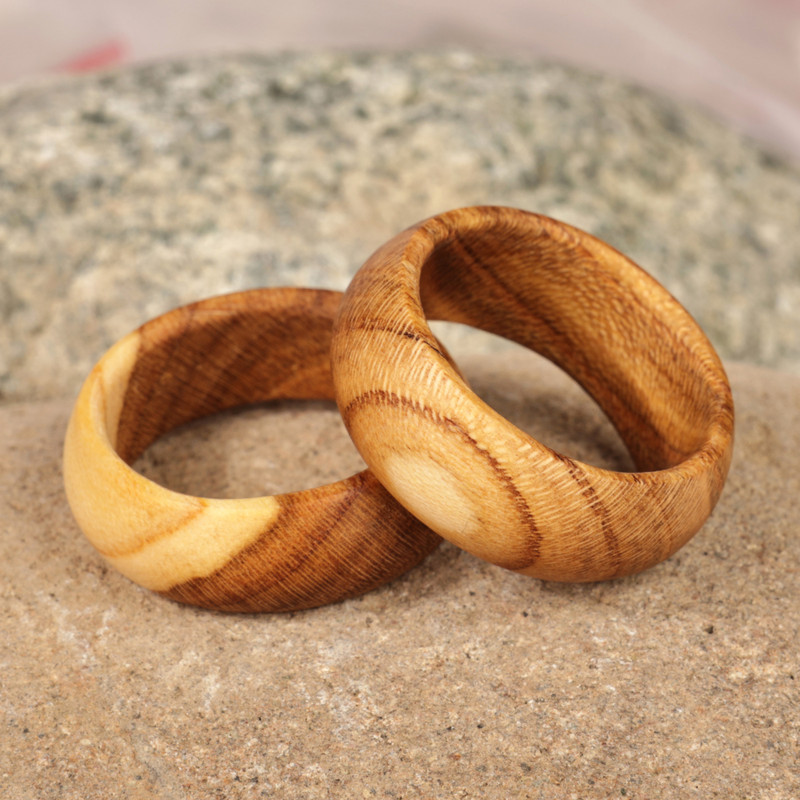 2 Hand-Carved Apricot Wood Band Rings with Natural Finish, "Natural Duo"