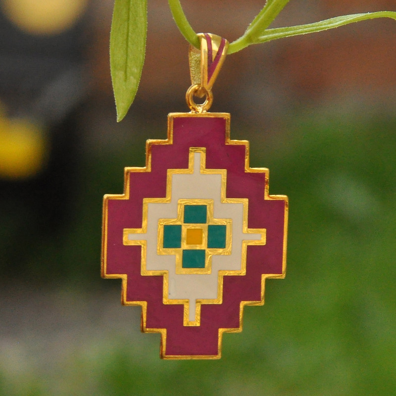 Armenian Classic Carpet-Themed Gold-Plated Enamel Pendant, "Artsakh Inspiration"