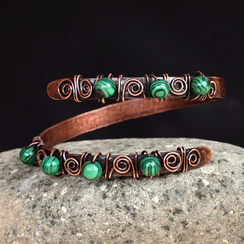 Antique Armenian Copper Wrap Bracelet with Malachite Beads, "Infinite Green"