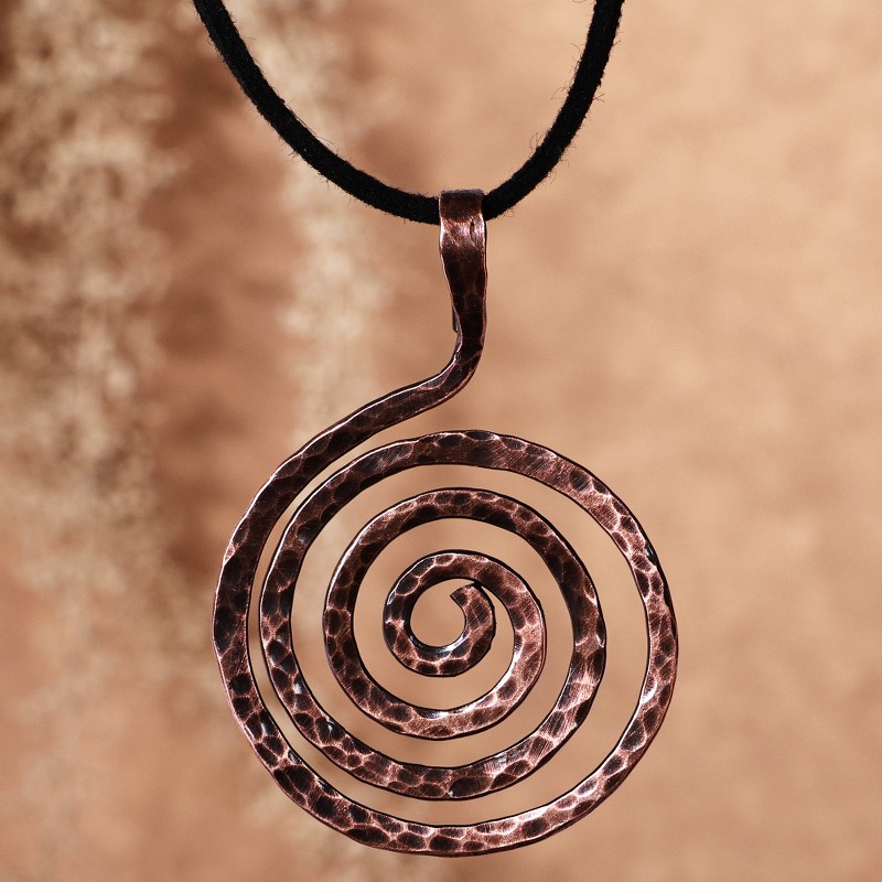 Antiqued Hammered Round Copper Pendant Necklace, "Cyclical Hypnosis"