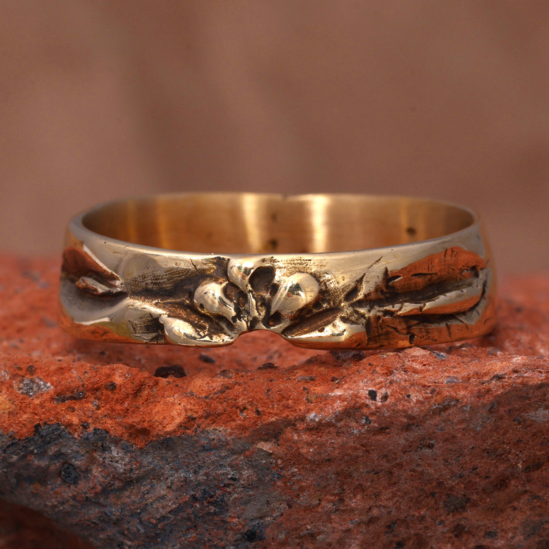 Oxidized and Polished Brass Band Ring with Floral Motifs, "Blossoming Golden"