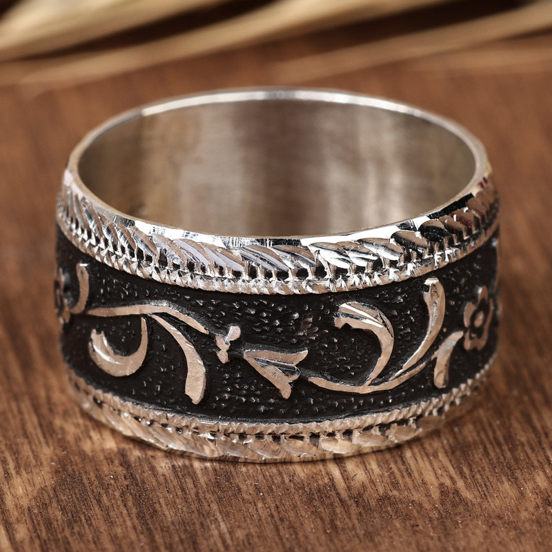Nature-Themed Polished and Oxidized Sterling Silver Ring, "Blossoming Shadows"