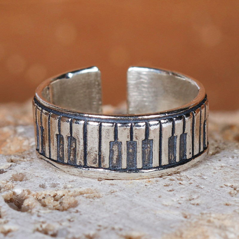 Music-Themed Polished Sterling Silver Piano Key Wrap Ring, "Melody Keys"