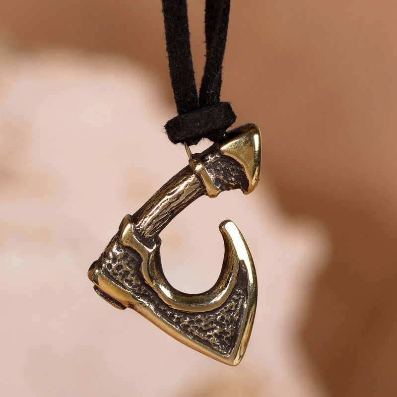 Antique Finished Axe-Themed Men's Brass Pendant Necklace, "Radiant Amulet of Bravery"