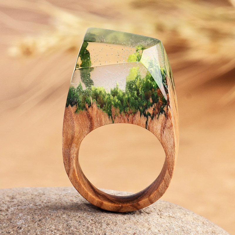 Nature-Themed Resin Pear Wood Cocktail Ring from Armenia, "River Dream"