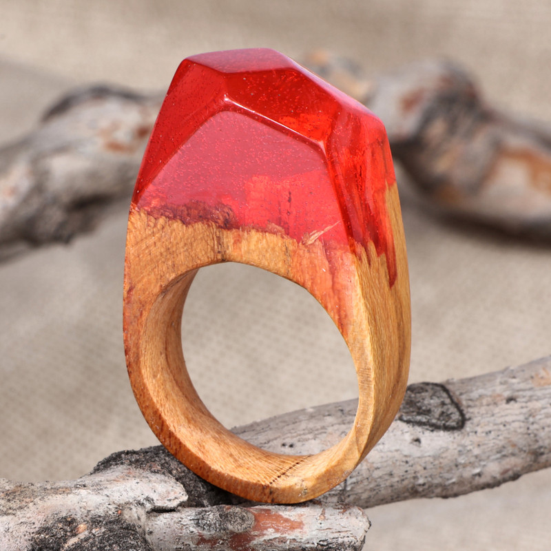 Vibrant Red Resin Apricot Wood Cocktail Ring from Armenia, "Lava Diving"