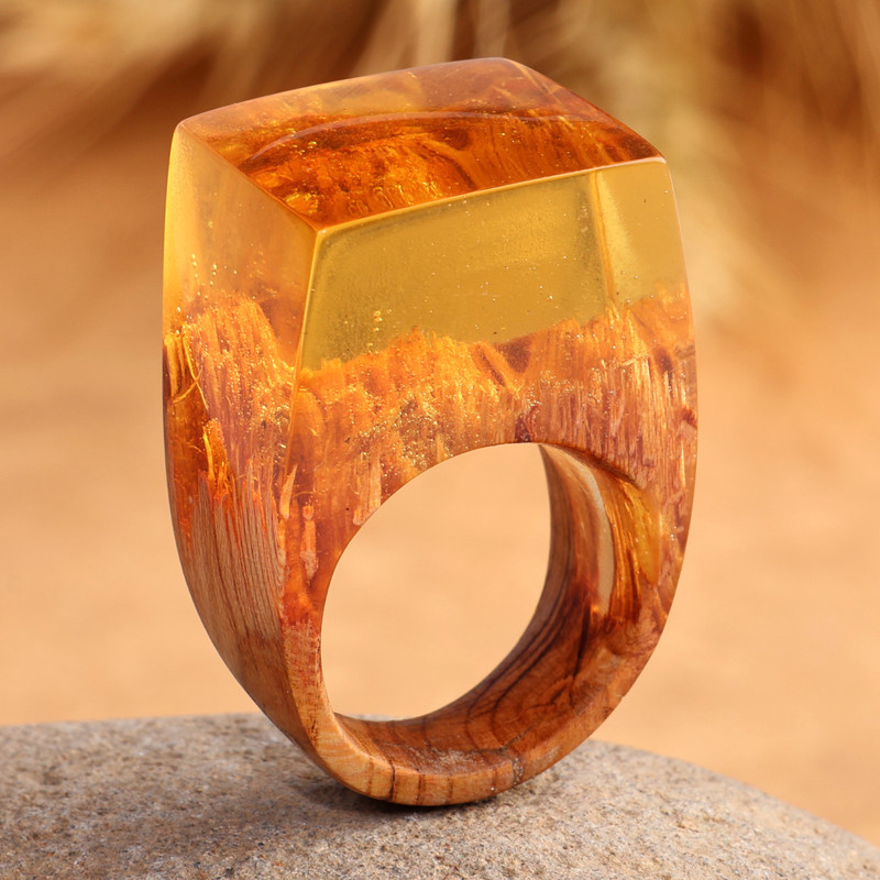 Warm-Toned Resin and Armenian Pear Wood Cocktail Ring, "Summer Energy"