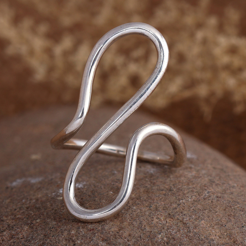 Abstract-Themed Wavy Polished Sterling Silver Cocktail Ring, "Sinuous Eternity"