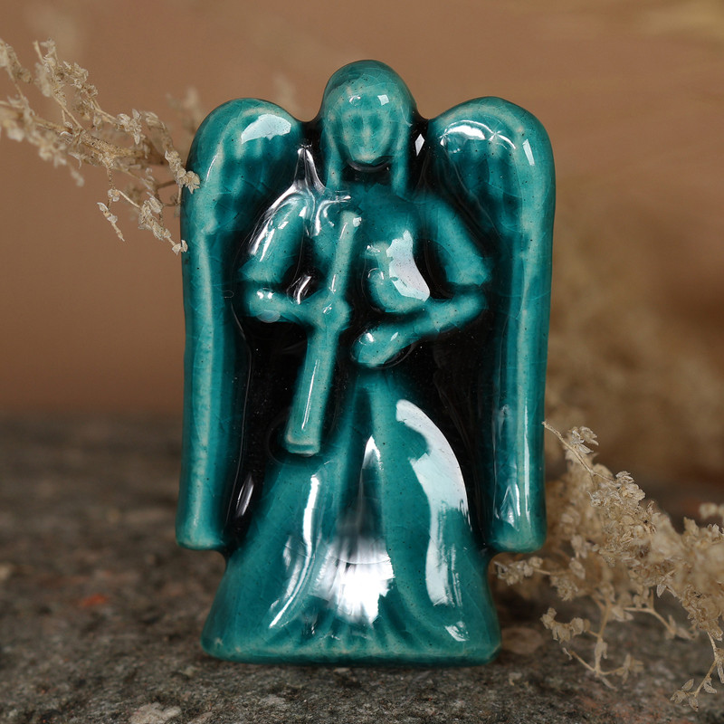 Crackled Glazed Teal Ceramic Angel Brooch Pin from Armenia, "Angelic Essence"