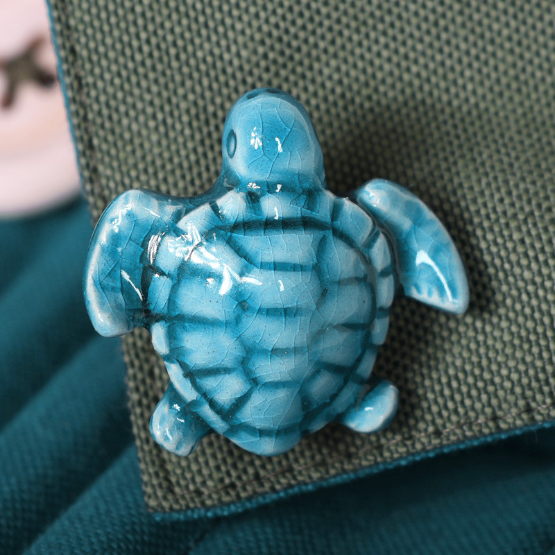 Ocean-Themed Turquoise Sea Turtle-Shaped Ceramic Brooch Pin, "Oceanic Soul"
