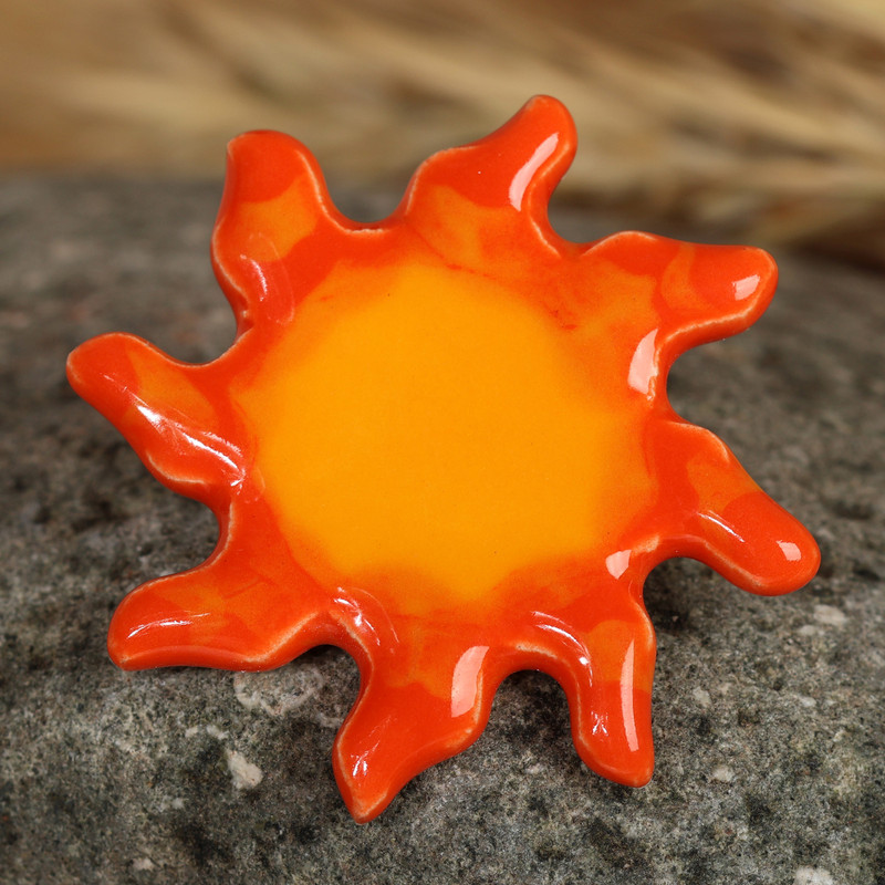 Sun-Shaped Glazed Ceramic Brooch Pin Hand-Painted in Armenia, "My Sunshine"