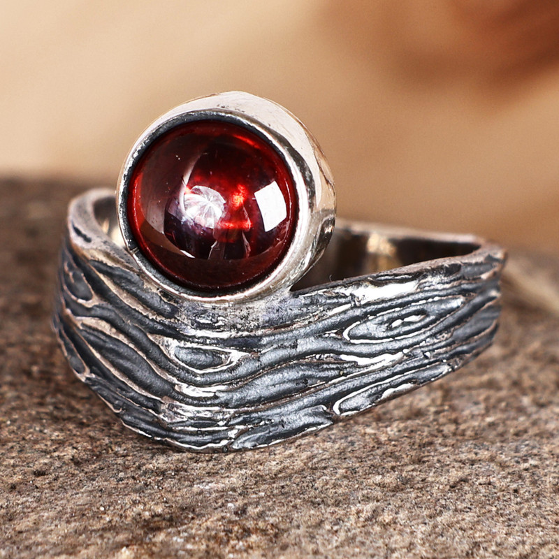 Oxidized Finish Sterling Silver and Garnet Cocktail Ring, "Crimson River"