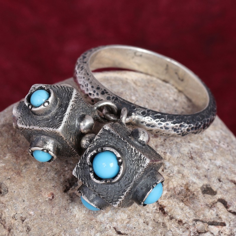 Modern Geometric Reconstituted Turquoise Charm Ring, "Symmetry in a Box"