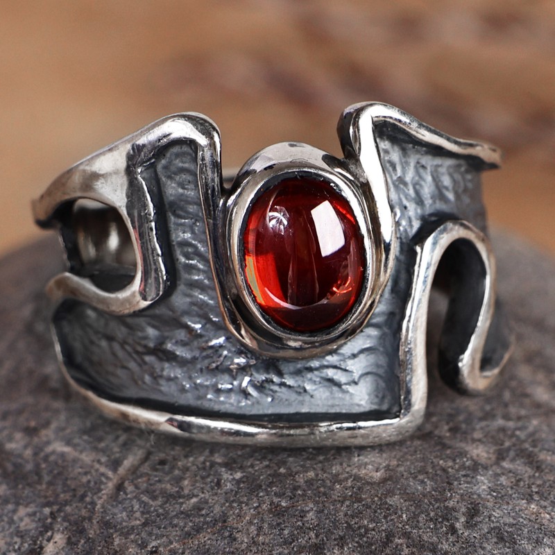 Abstract Sterling Silver Garnet Cocktail Ring from Armenia, "Passion's Strength"