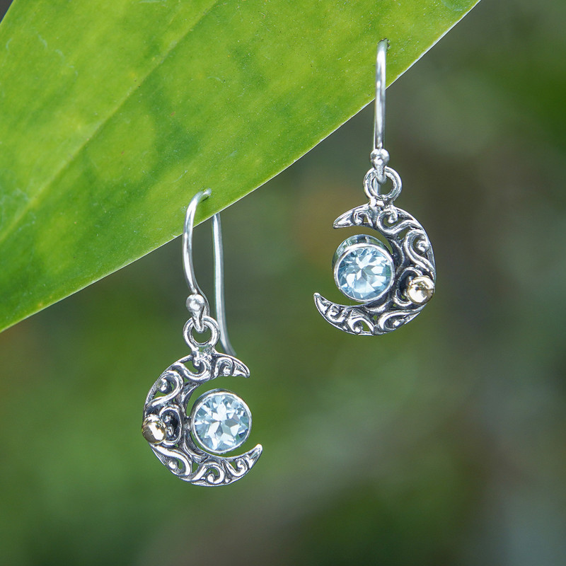 1-Carat Faceted Blue Topaz Dangle Earrings with Gold Accents, "A Night of Blue"