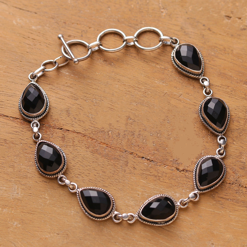 Artisan-Made Classic Black Onyx Link Bracelet from India, "Puissant Princess"
