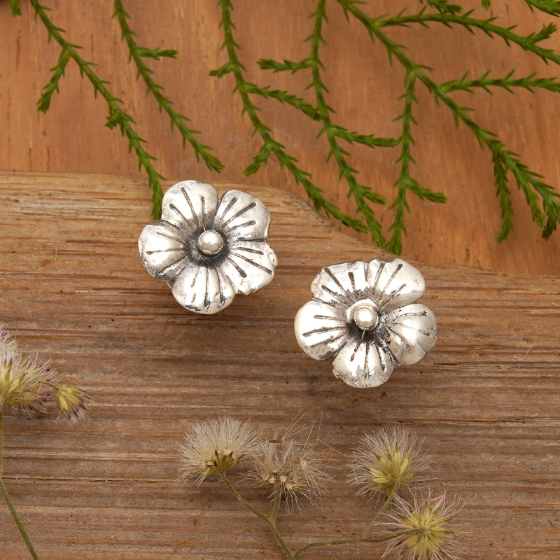 Polished Floral Sterling Silver Hibiscus Button Earrings, "Tiny Spring"