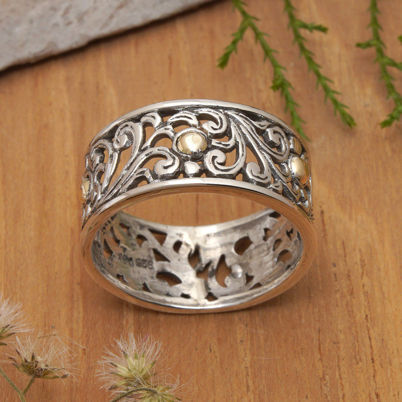 18k Gold-Accented Spring-Themed Sterling Silver Band Ring, "Blooms of Victory"