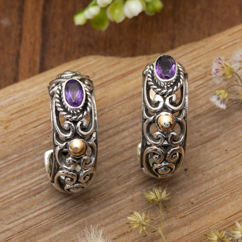 18k Gold-Accented Half-Hoop Earrings with Oval Amethyst Gems, "Gleaming Purple"