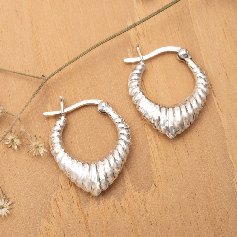 Sterling Silver Hoop Earrings with Textured Finish from Bali, "Metallic Glamour"