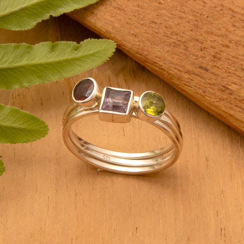 3 Multi-Gemstone Sterling Silver Mid-Finger Stacking Rings, "Fabulous Trio"