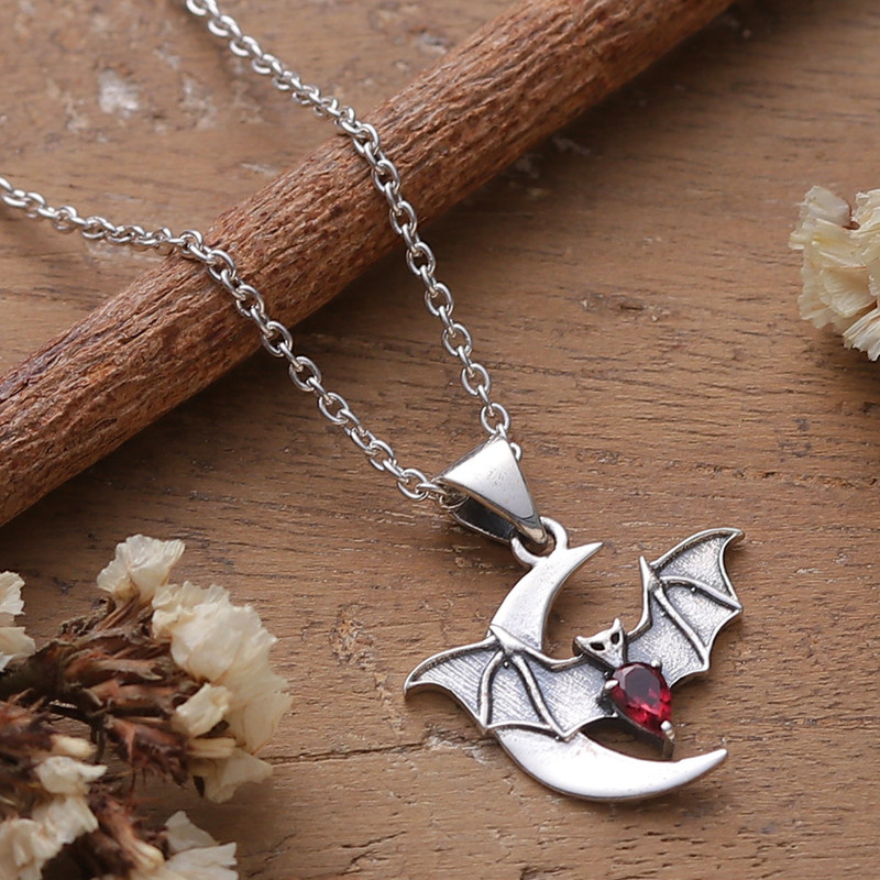 Bat and Moon-Themed Men's Garnet Silver Pendant Necklace, "Crescent Guardian"