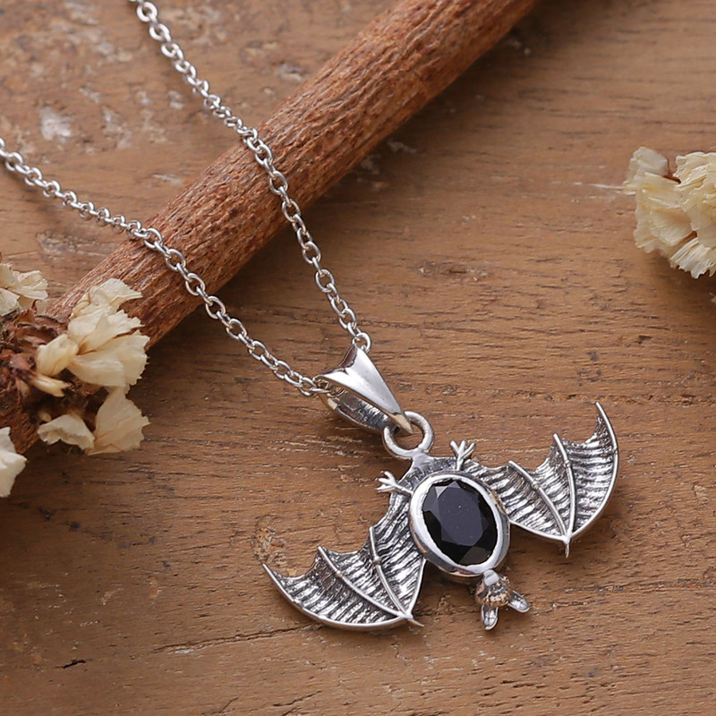 Bat Halloween-Themed Men's Spinel Silver Pendant Necklace, "Mystic Flight"
